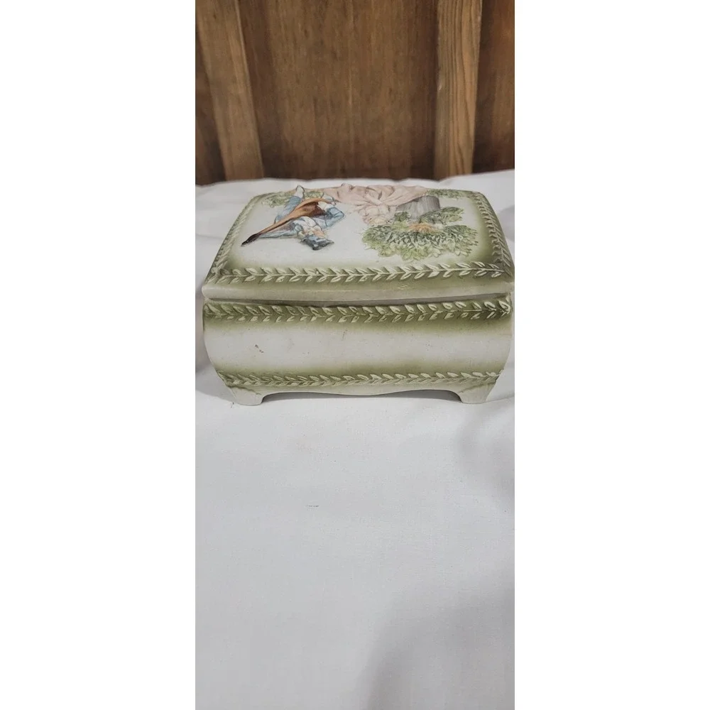 Vintage Bisque Porcelain trinket box Collectable 3D Victorian couple.
